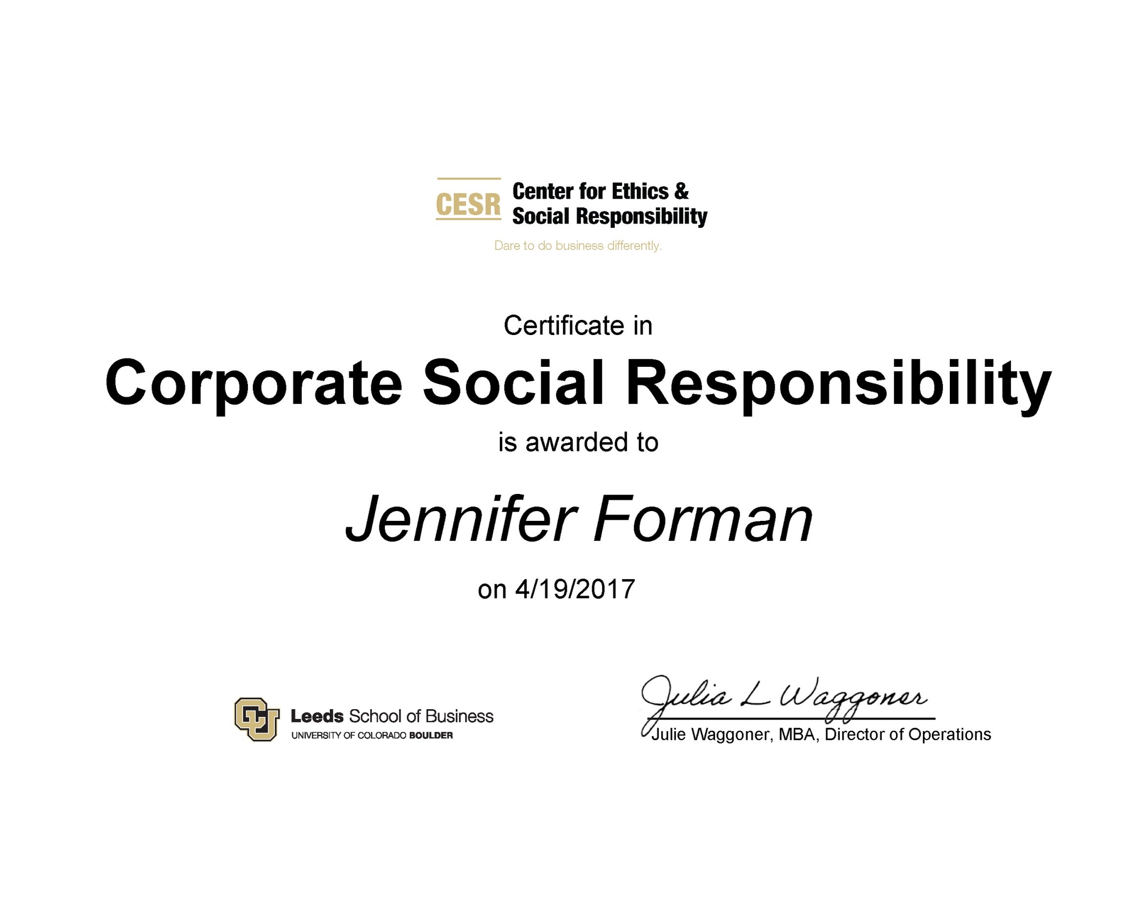 Certificate in Corporate Social Responsibility from Leeds School of Business
