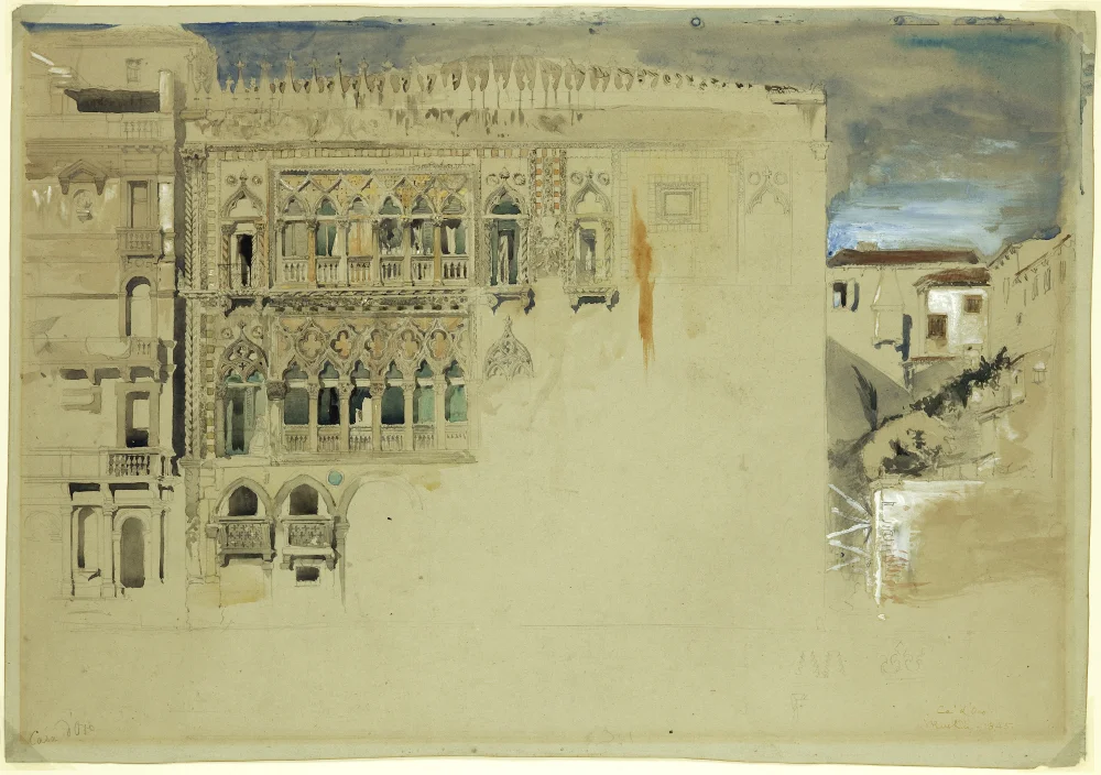 John Ruskin, Ca’ d’Oro , pencil, watercolour and tempera on grey paper, 1845