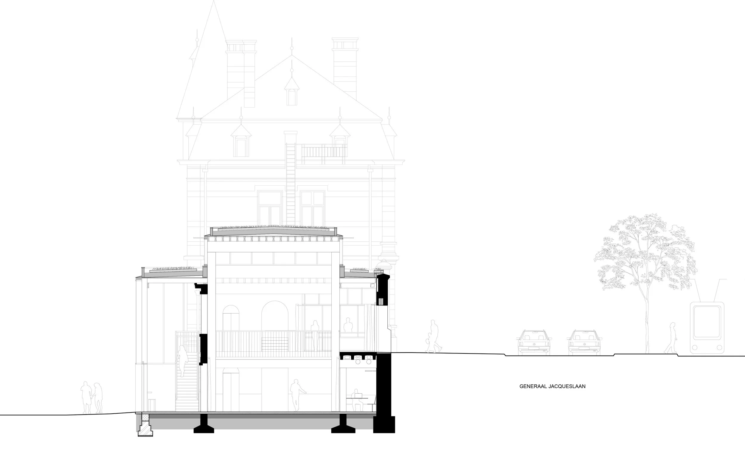Section through Building C’ with Boulevard General Jacques on the right and the block’s interior, at a lower level, seen on the left.