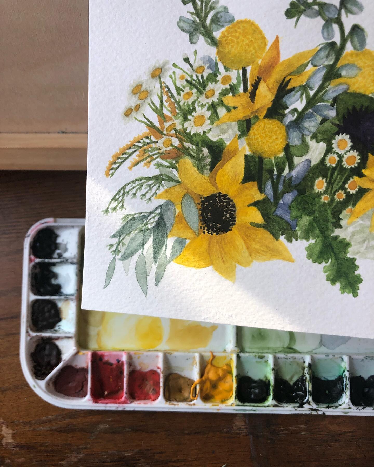 Wedding bouquet paintings &mdash; 
a memorial to the fresh color and texture and feeling of your wedding day, 
and also a uniquely fun project for me, every time, to paint in colors I wouldn&rsquo;t naturally gravitate towards. Here&rsquo;s a yellow/
