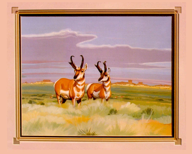  Two prong horns graze on a high New Mexico plain.  