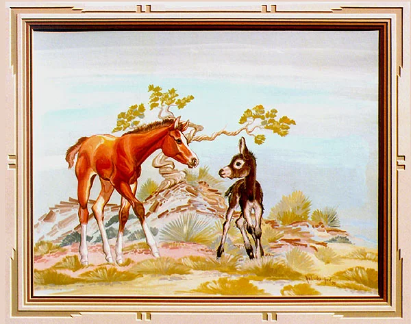  Foal and Télii  inspect each other in front of a stylized pinon treetree, pinon tree, . This piece is a great example of Charles’ subtle humor 