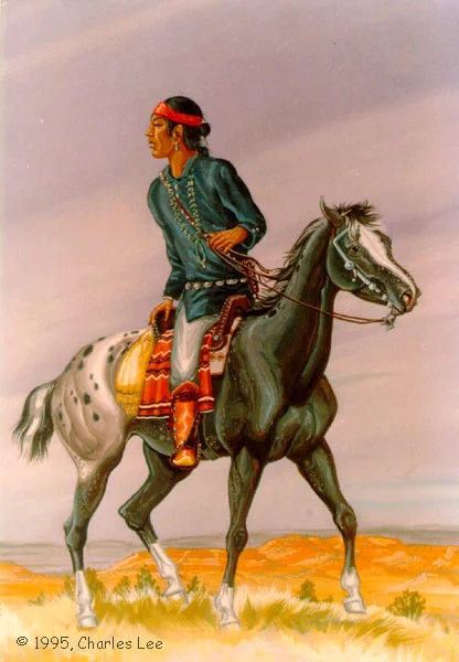  Wearing his turquoise and silver, this young Navajo man is likely going to an important function or headed to town. Probably riding atop a Ganado blanket, you can see his velvet shirt, leather moccasins, and a full set of jewelry, completing the tra