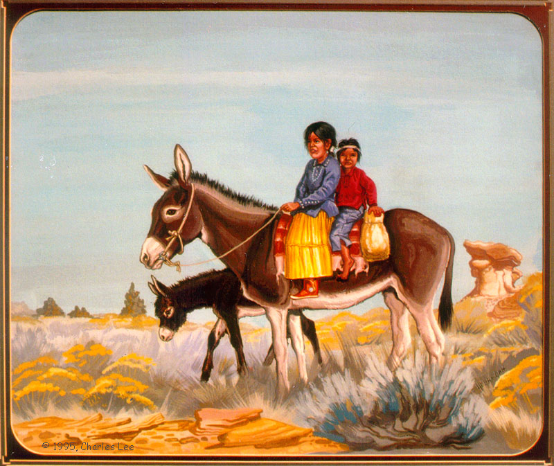  This painting expresses the Navajo dependence on donkeys in their everyday life. The rabbit brush, sage, and hoodo in the background place it in the region of the Bisti Badlands. Observe the parallelism in this painting as the older sister takes car