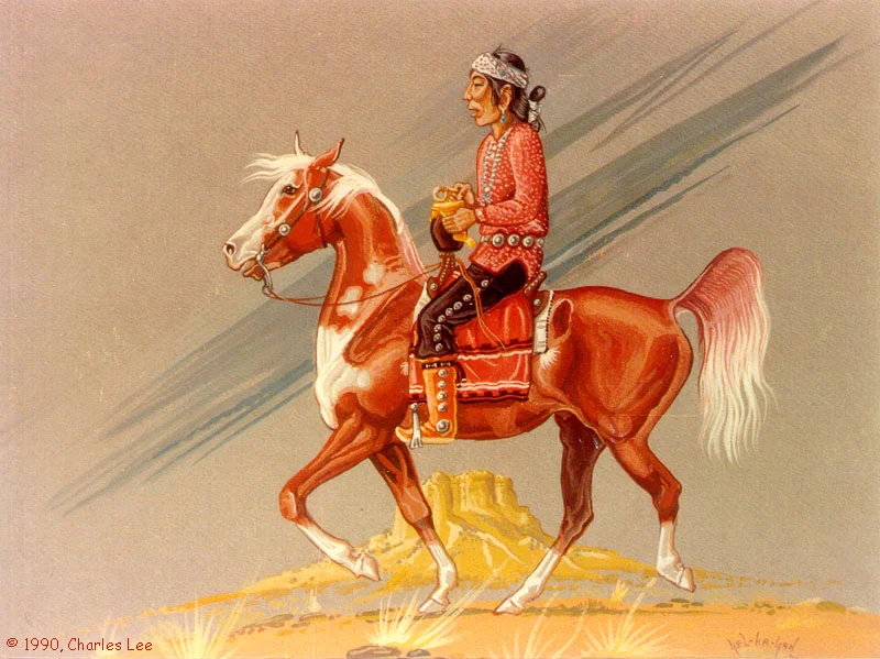  This Navajo man rides atop a marvelous horse, as he beats a drum. As Charles Lee was a Christian minister, it is unlikely the drum depicts anything overtly religious. Of note is the drumstick, which is crafted from a green stick and curved in a loop