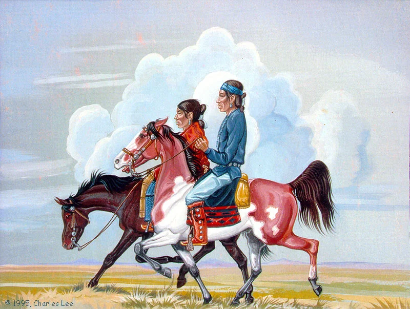  A Navajo Man and woman ride together in their traditional clothes 