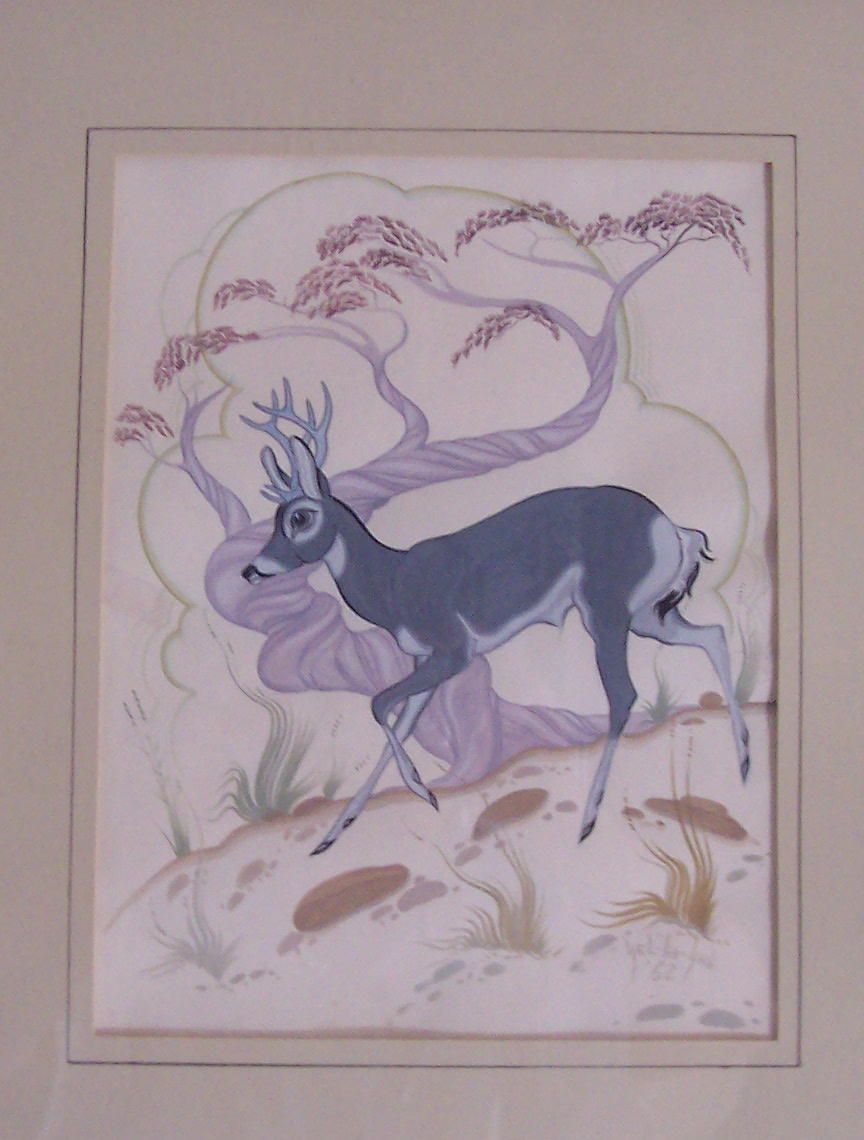 This painting of a mule deer is made in Charles Lee’s older style (which was heavily influenced by Harrison Begay), where the colors are more muted and the plant life is highly stylized. If we take his birth year as 1926, he was 26 when this was pai