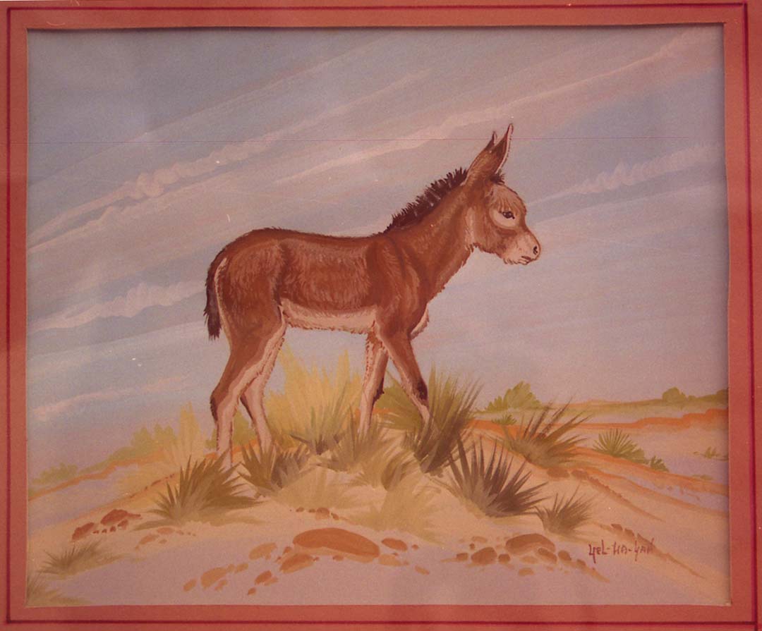 A juvenile donkey plods softly through the shifty sands of the high desert. The clouds fade across the sky in a way that points to the cold of winter or spring. This painting is still highly stylized, but has morphed some from the monochromatic pain