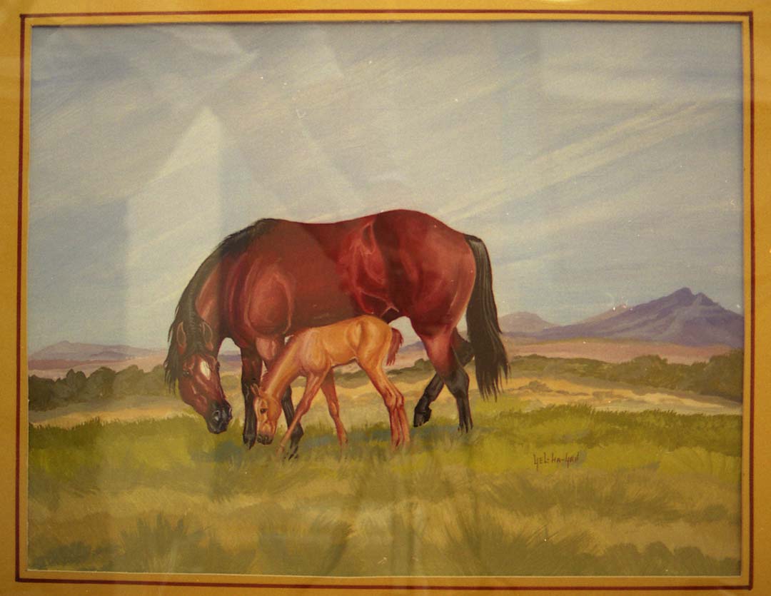 These horses graze in a lush field with soft purple mountains in the background. This is a unique painting for while certainly displays the recognizable strokes of Charles Lee, the setting does not contain anything that identifies it as being distin