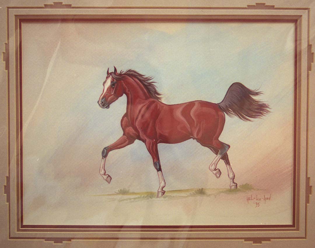 This painting is simple in its composition and yet it still has a lot to show- from the powerful stance to the bold bay coat. The strokes in the mane and tail are immediately recognizable as that of Charles Lee. These same fluid lines can be found i