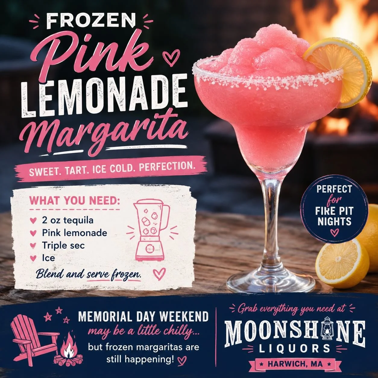 Rainy Memorial Day? Sounds like cocktail weather to us 🍋🍹🌧️

Frozen Pink Lemonade Margaritas are the perfect mix of sweet, tart, and ice cold. Stop by Moonshine Liquors in Harwich and stock up for the long weekend &mdash; rain or shine.

We&rsquo;