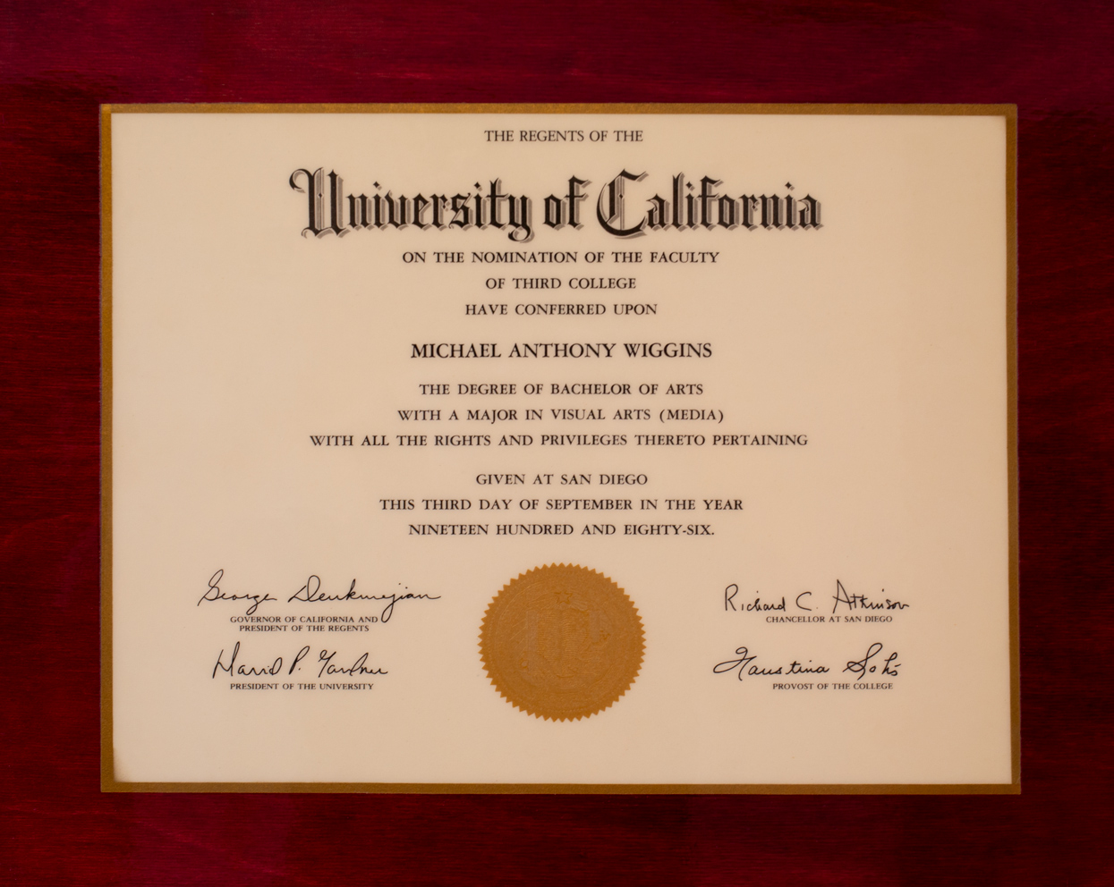Diploma | University of California at San Diego | 1986