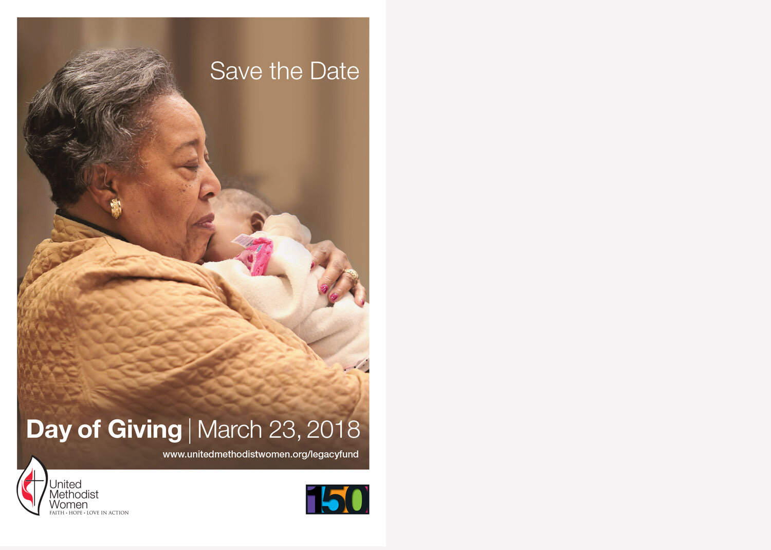  Day of Giving save the date card. Raises funds to support the work for future generations of United Methodist Women. 