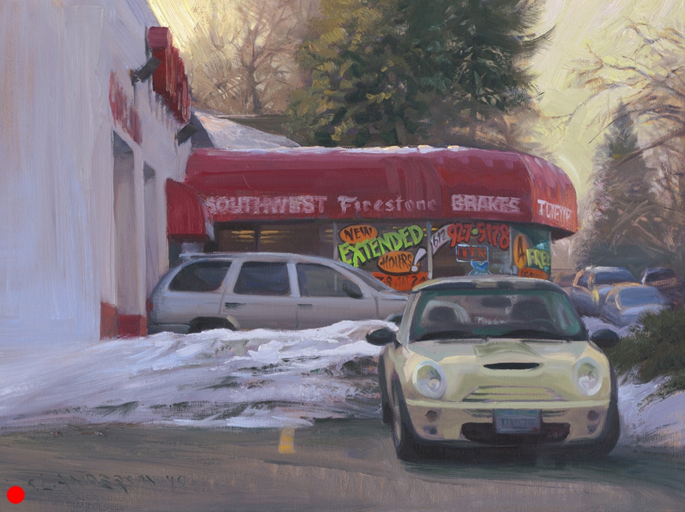   New Extended Hours  (sold), 18 x 24 oil on canvas.  When I was a kid, and drawing obsessively, I used to wonder what I could do for money when I grew up. Sign painting on car dealership windows looked like a fun job. First Place,  Plein Air  magazi
