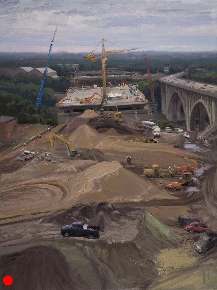   Piles of Dirt: The Bridge Site from the West Bank  18 x 24 oil on canvas   I befriended a University student who lived in an adjacent high rise to get this view. He had watched me paint the day before, lamenting that he had always wanted to be an a