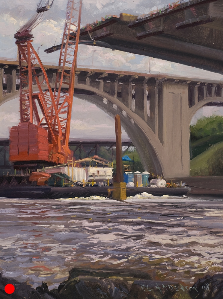   Big Ben  16 x 12 oil on panel   Big Ben  is the name of the immense crane doing the heavy lifting. It was mounted on a barge that had two tugboats on the downstream side running 24/7 for the entirety of the project. Like defensive linemen in footba