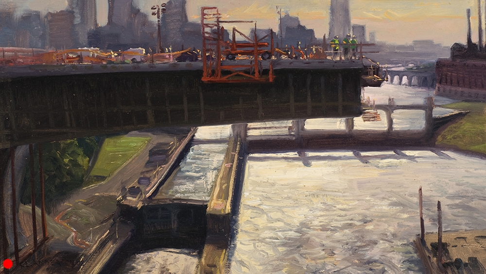   Cantilever Above the Lock  12 x 20 oil on panel, in private collection   It just didn’t make visual sense. As the span got longer, the weight of the thing defied gravity. If not for the frequency of retired engineers living in the nearby condos lec