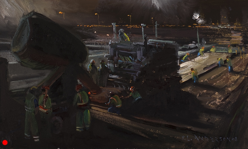   Laying Pavement at the On-Ramp  12 x 20 oil on panel, in private collection   I spent most of a night painting this. As the machines crept along, I moved my easel backwards foot by foot until they joined University Avenue early in the morning. Part