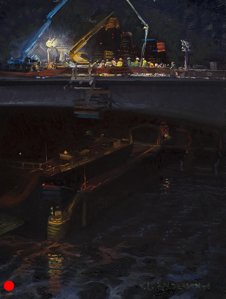   Nocturne: Last Fill  10 x 8 oil on panel, in private collection   This was the last segment to be inserted, completing the span. The crew had a bit of a ceremony and it was all very moving. From the clearing of the wreckage after the collapse, to t