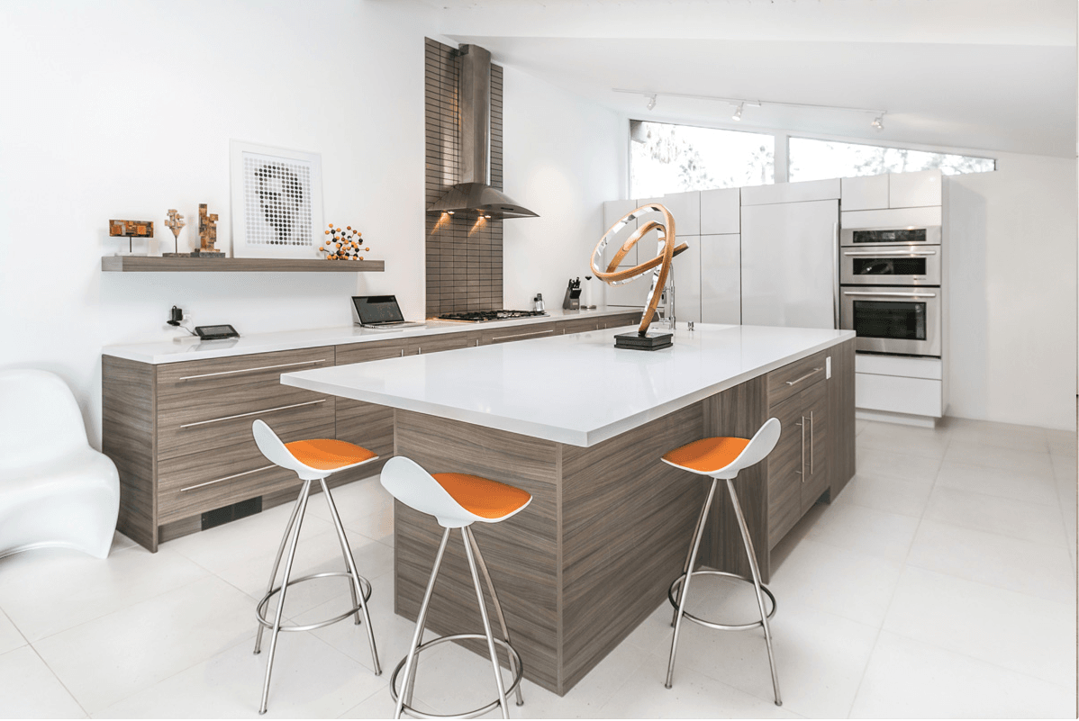 Block design contrasts white and textured laminate.