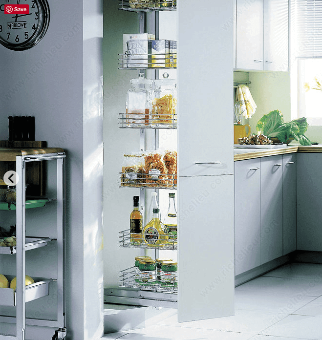 Pullout units, available in a variety of materials and sizes, offer an organized vertical storage solution that should fit in just about any kitchen.