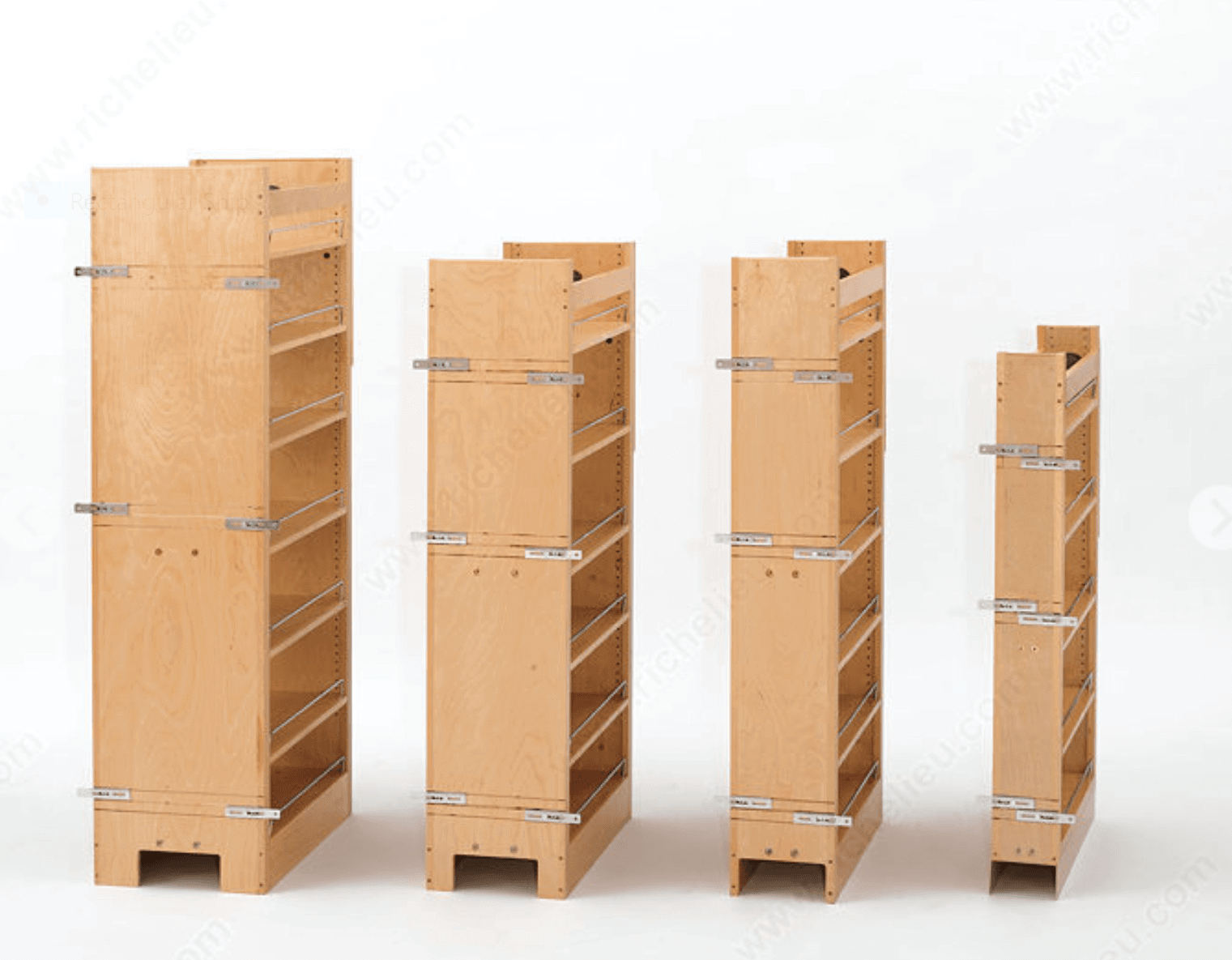 Wood pantry inserts in various widths and heights.