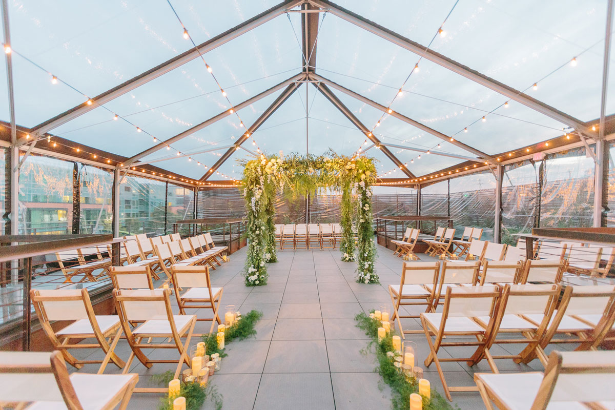 The rooftop terrace set up for a wedding ceremony