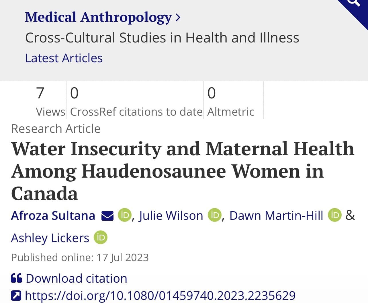 Another stellar publication in medical anthropology by Six Nations Birthing Center and Ohneganos 💙 🥳led by Afroza Sultana, Julie Wilson, Dawn Martin Hill and Ashley Lickers &ldquo; Water Insecurity and Maternal Health Among Haudenosaunee Women&rdqu