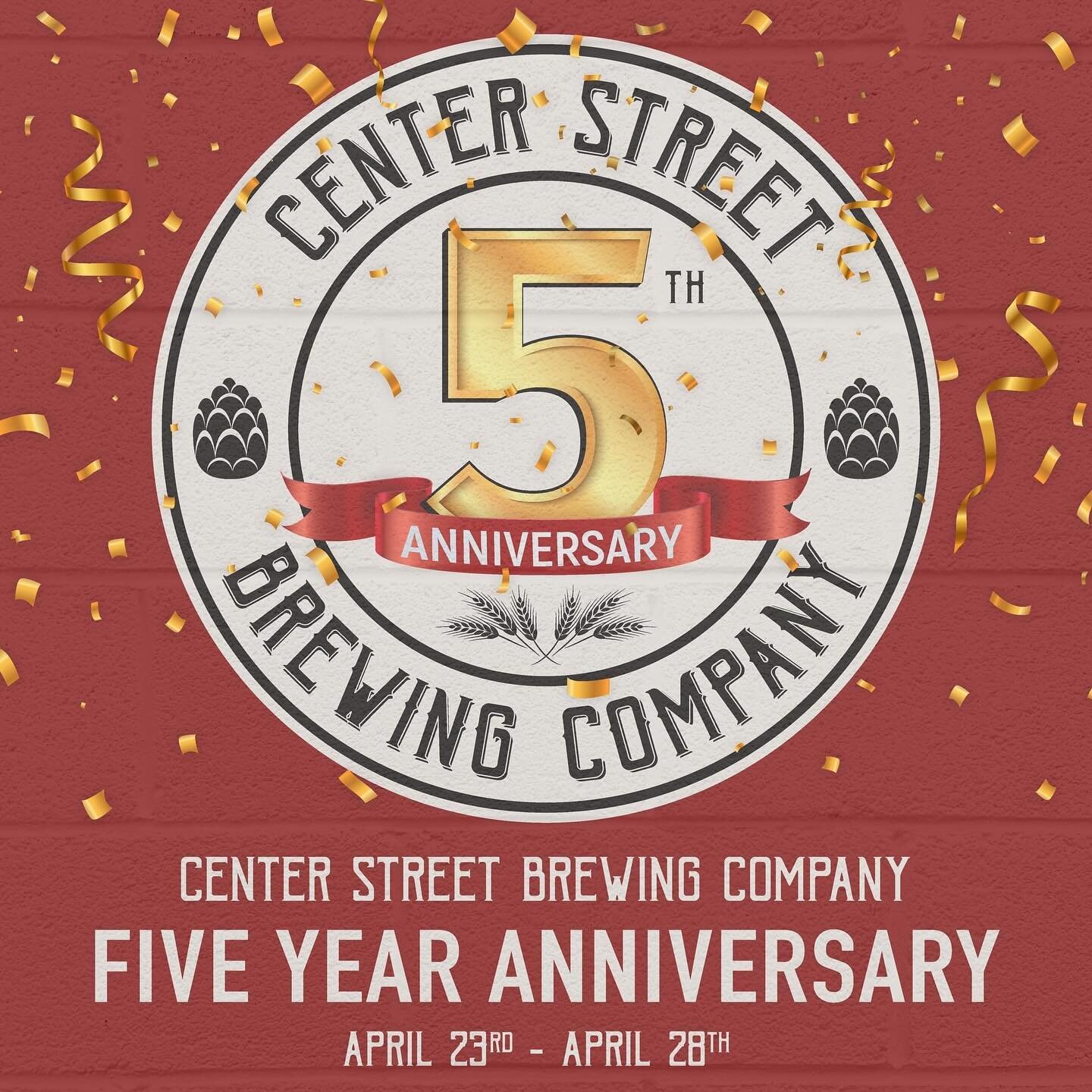 Center Street Brewing Company is celebrating 5 years of beer! Join us for a weekend of festivities for our 5th Anniversary! Since 2019, we have strived to provide quality craft beer to our community in a welcoming environment and we continue to work 