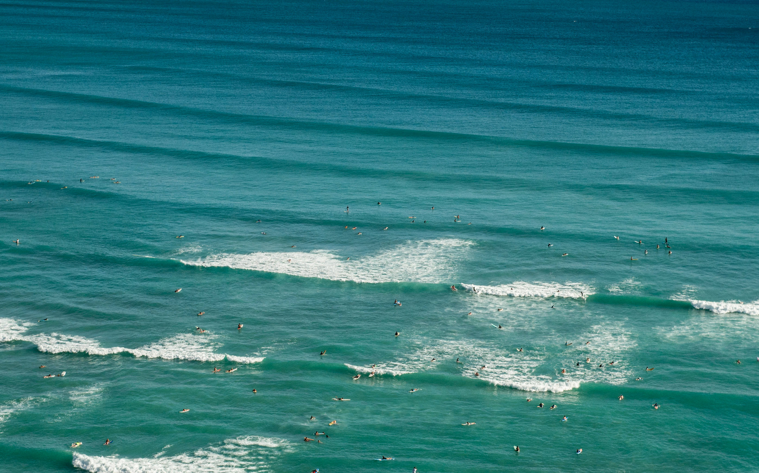 Surfers and swimmers among the waves. // Honolulu, Hawaii