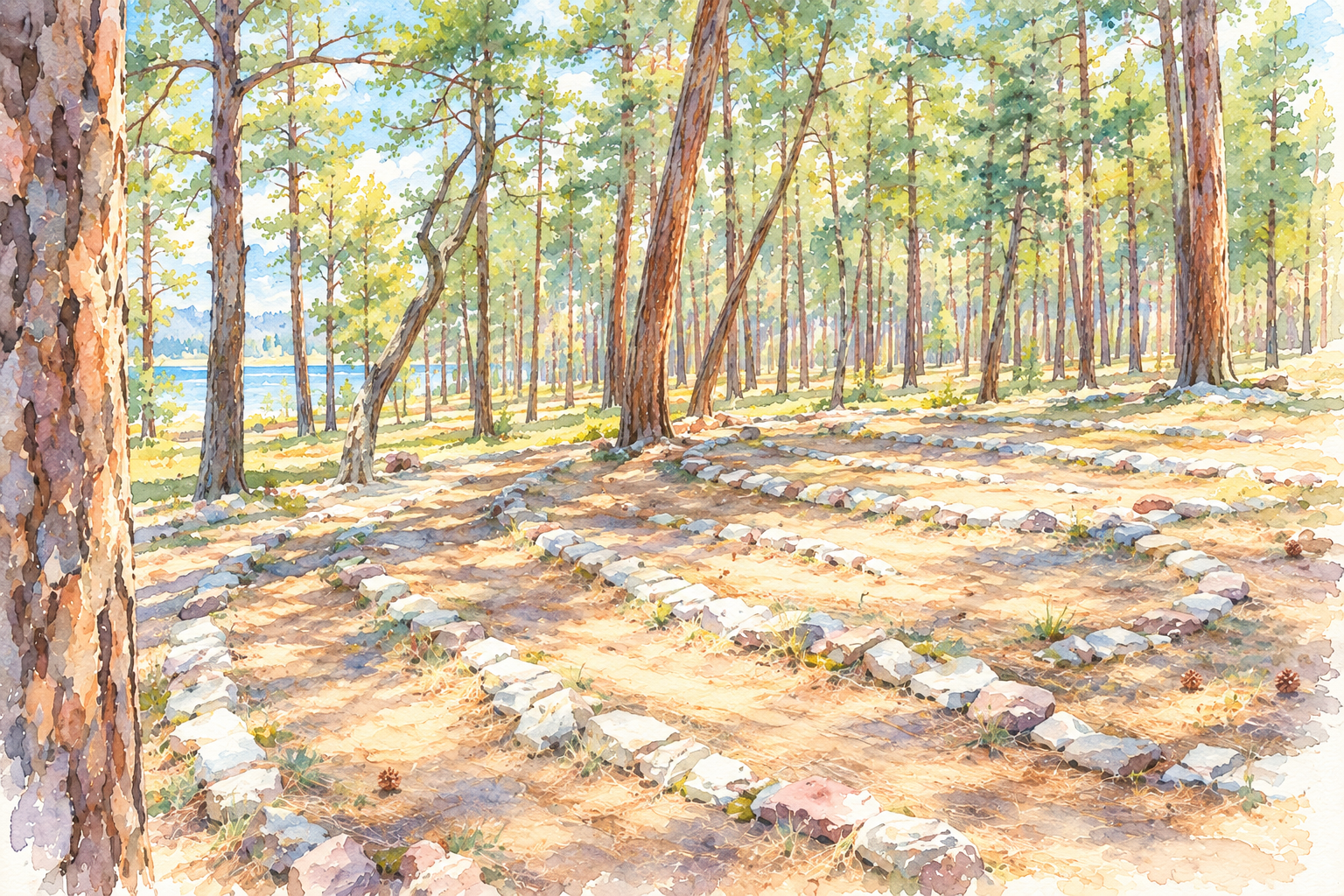 AI Generated watercolor painting of the prayer labyrinth at Benet Hill Monastery