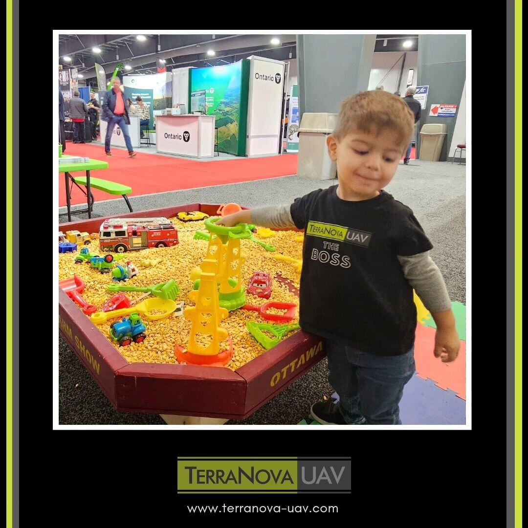 Day 2 at the Ottawa Valley Farm Show, and our little boss of Terranova UAV is having a blast! Our 2-year-old CEO is loving the kids' area, playing with toy trucks and corn kernels. It's been such a joy seeing him enjoy every moment of the event. 
#OV