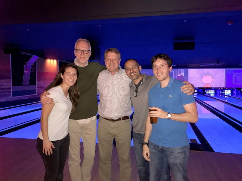 Anna Schmitz, Terrence Burns, Jon Tibbs, Danny Koblin and Andrew Chatzky - 2016 Holiday Party. And somehow, after hours of bowling with friends, I lost this fine green sweater