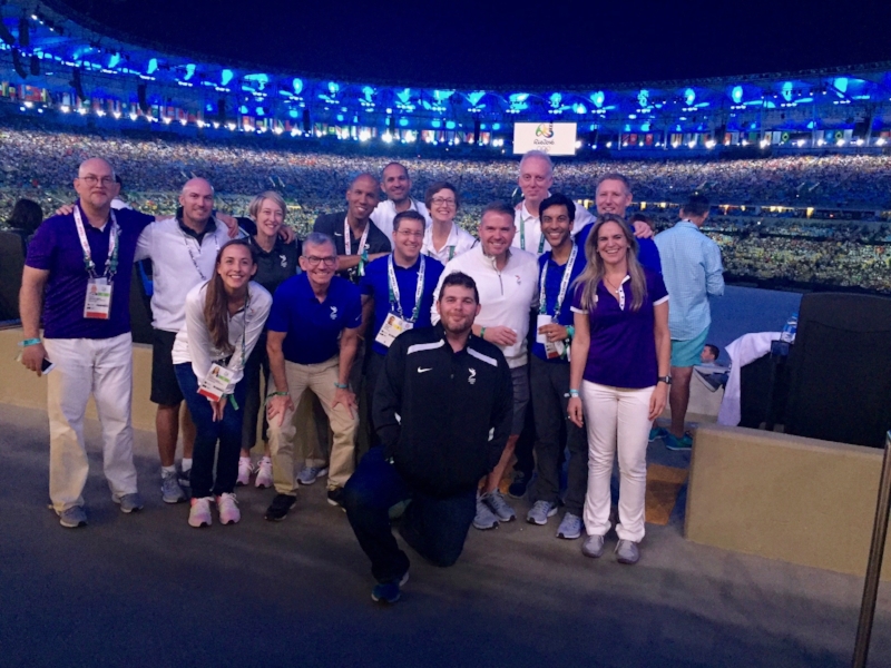 Rio 2016 Opening Ceremony (back row from left) Bill Hanway, Matt Rohmer, Joslyn Treece, Brian Nelson, Danny Koblin, Brence Culp, Terrence Burns, John Harper, (second row) Hilary Ash, Rich Llewellyn, Jeff Millman, Dwayne Jones, Manav Kumar, Maira Claudia Duque, (kneeling in front) Jared Schott