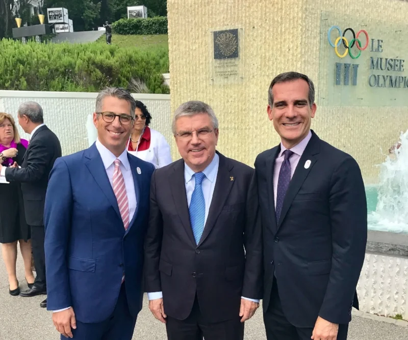 Casey Wasserman, President Thomas Bach, Mayor Eric Garcetti - Olympic Museum Lausanne