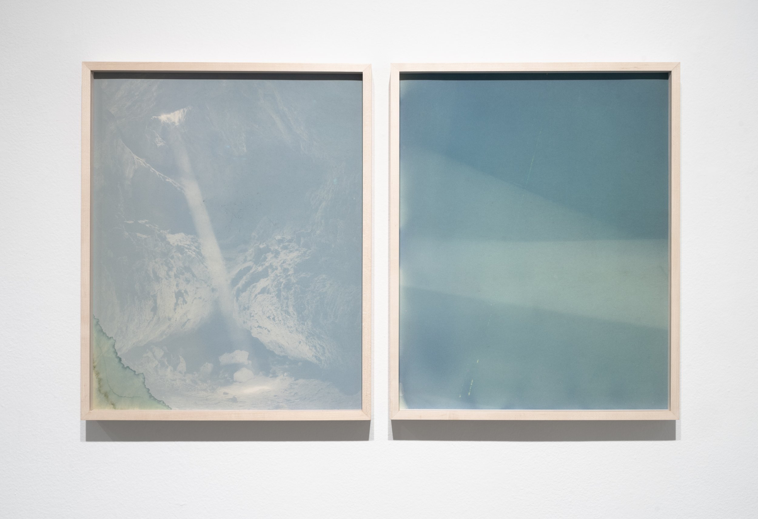    Threshold   (diptych), 2016-2023 Faded blue ternate flower dye on paper (anthotype) 20 1/16 x 16 1/16 inches unique 