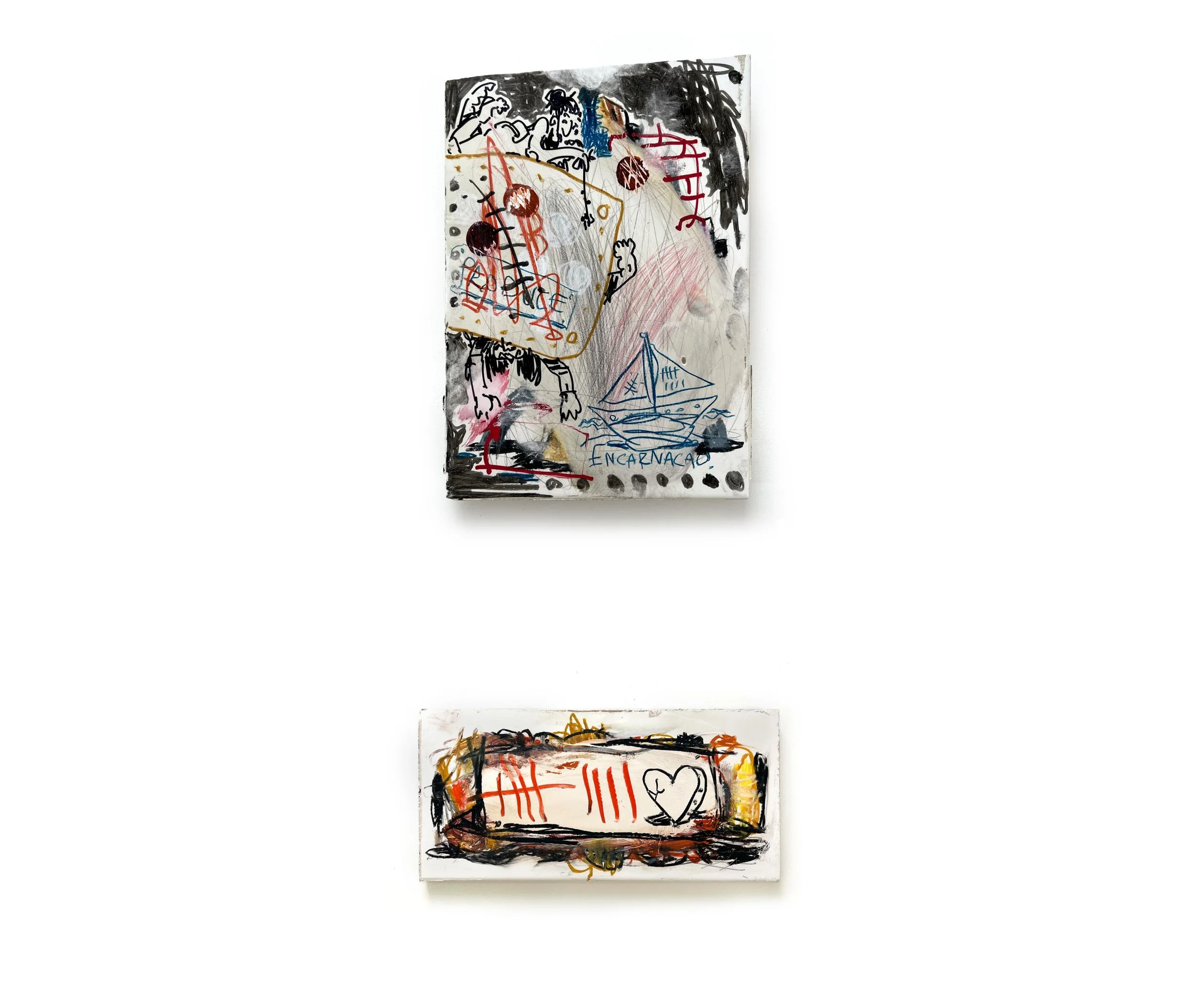 mixed media paintings by Rhys Viorr, on found tiles in Portugal during art residency