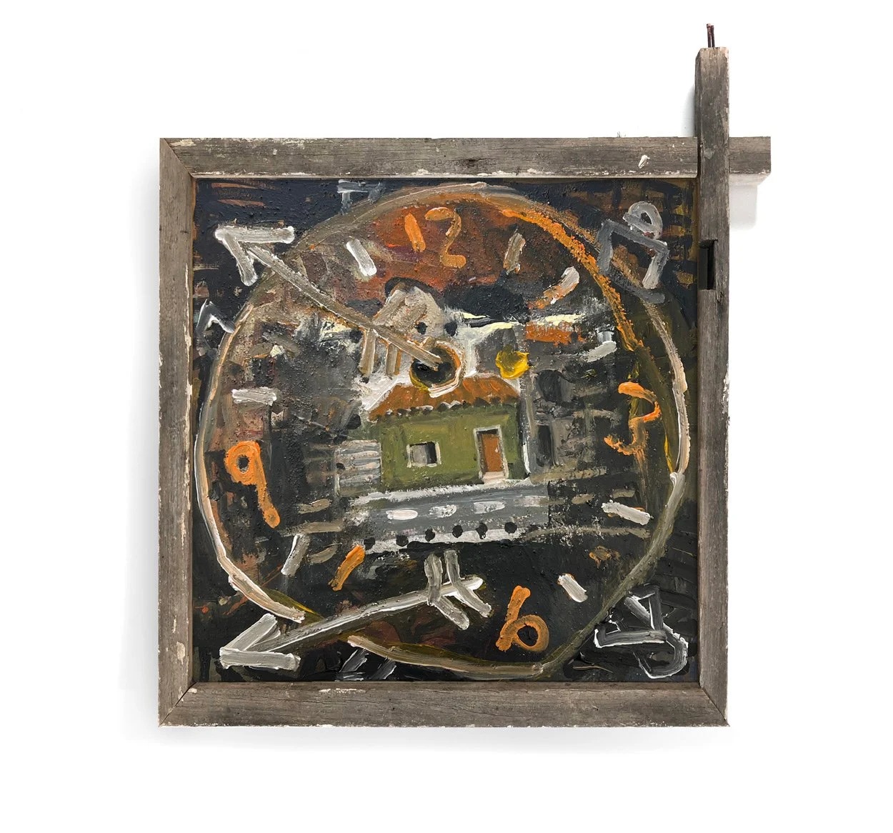 painting in a hand made frame from recycled timber by rhys viorr, in Lisbon art gallery and residency