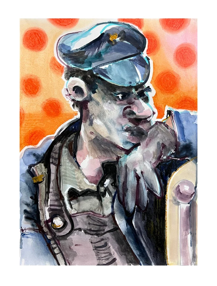 watercolour painting by rhys viorr of a train driver in Sydney Australia