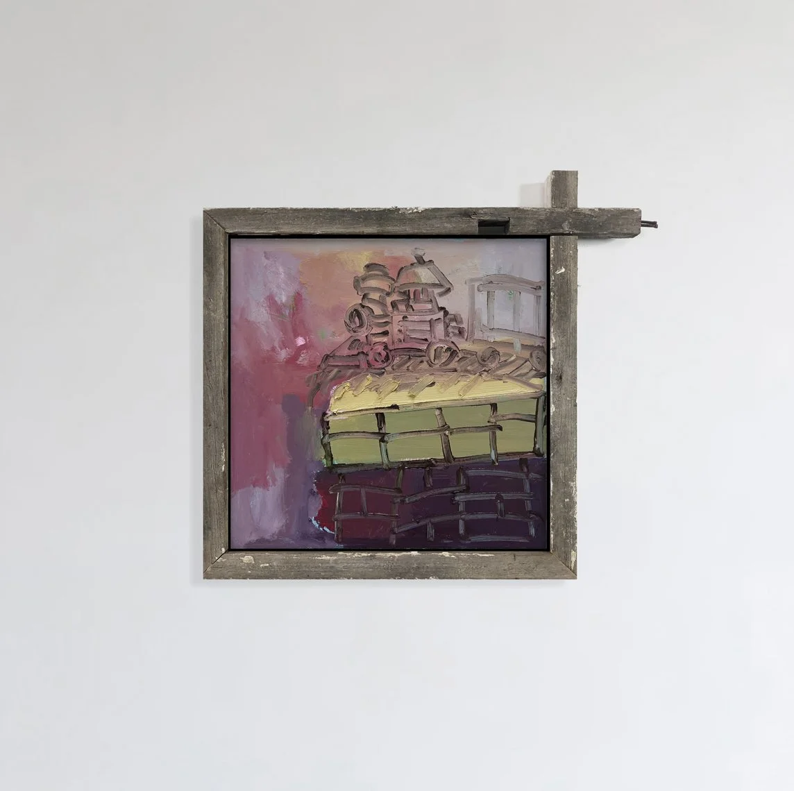 Rhys Viorr train painting canvas with recycled frame in a art gallery