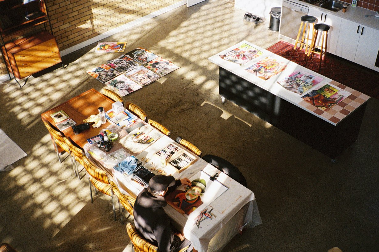 Rhys Viorr ( John Kaye ) painting at the Bank Space Art Residency near Sydney Australia shot on film