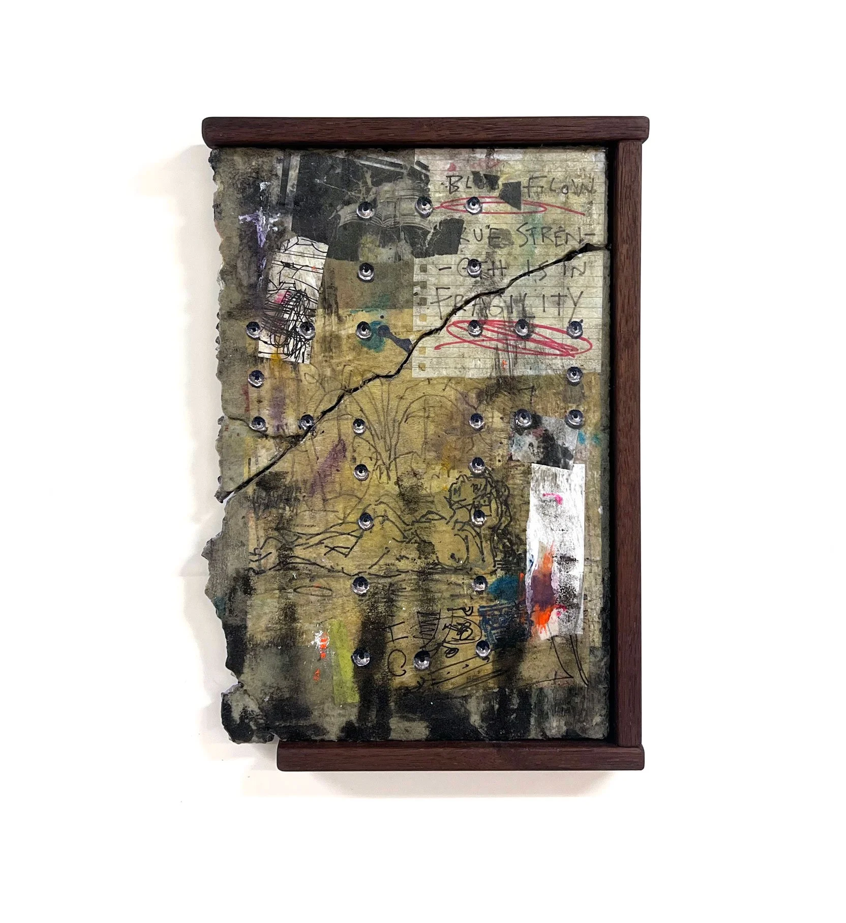 Rhys Viorr sculpture with oil paint and collage in hand built frame