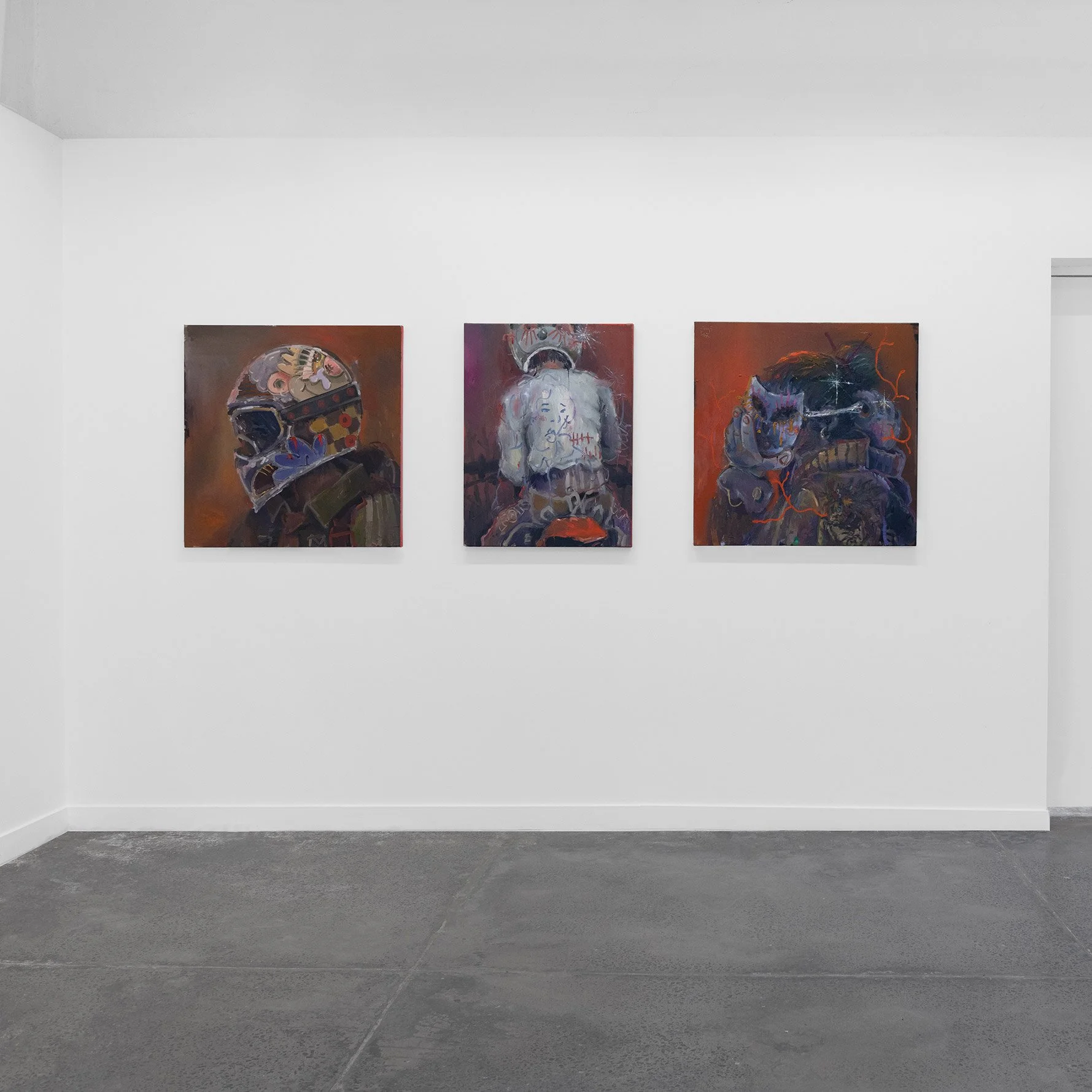 Rhys Viorr 3 oil paintings on canvas with oil paint hanging in a fine art gallery in Melbourne Australia