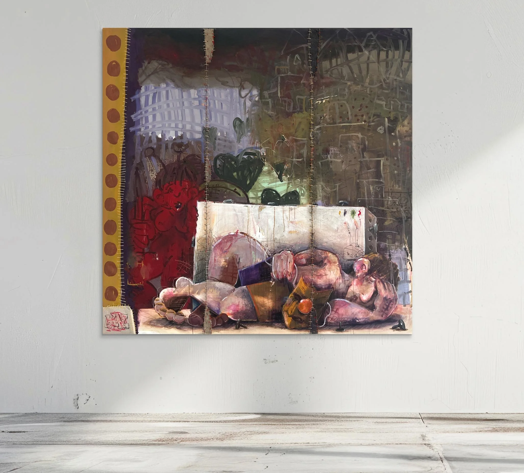 large scale oil painting and textile work by rhys viorr made in lisbon Portugal at an art residency done with res lisbon gallery