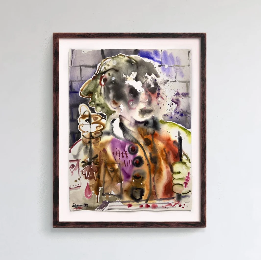 Rhys Florian Viorr watercolour painting on arches paper in a timber frame at an art gallery