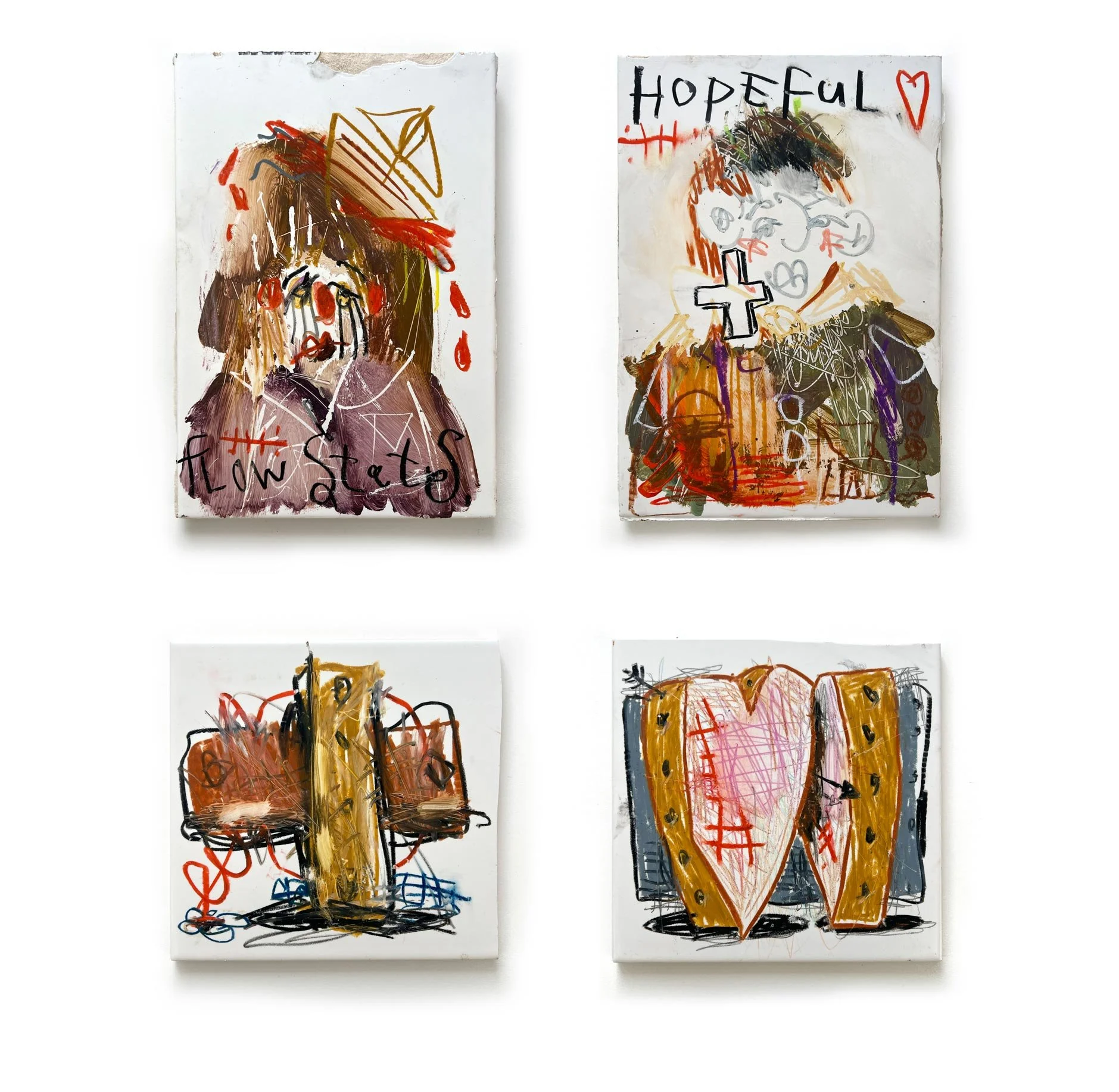 mixed media paintings by Rhys Viorr, on found tiles in Portugal during art residency