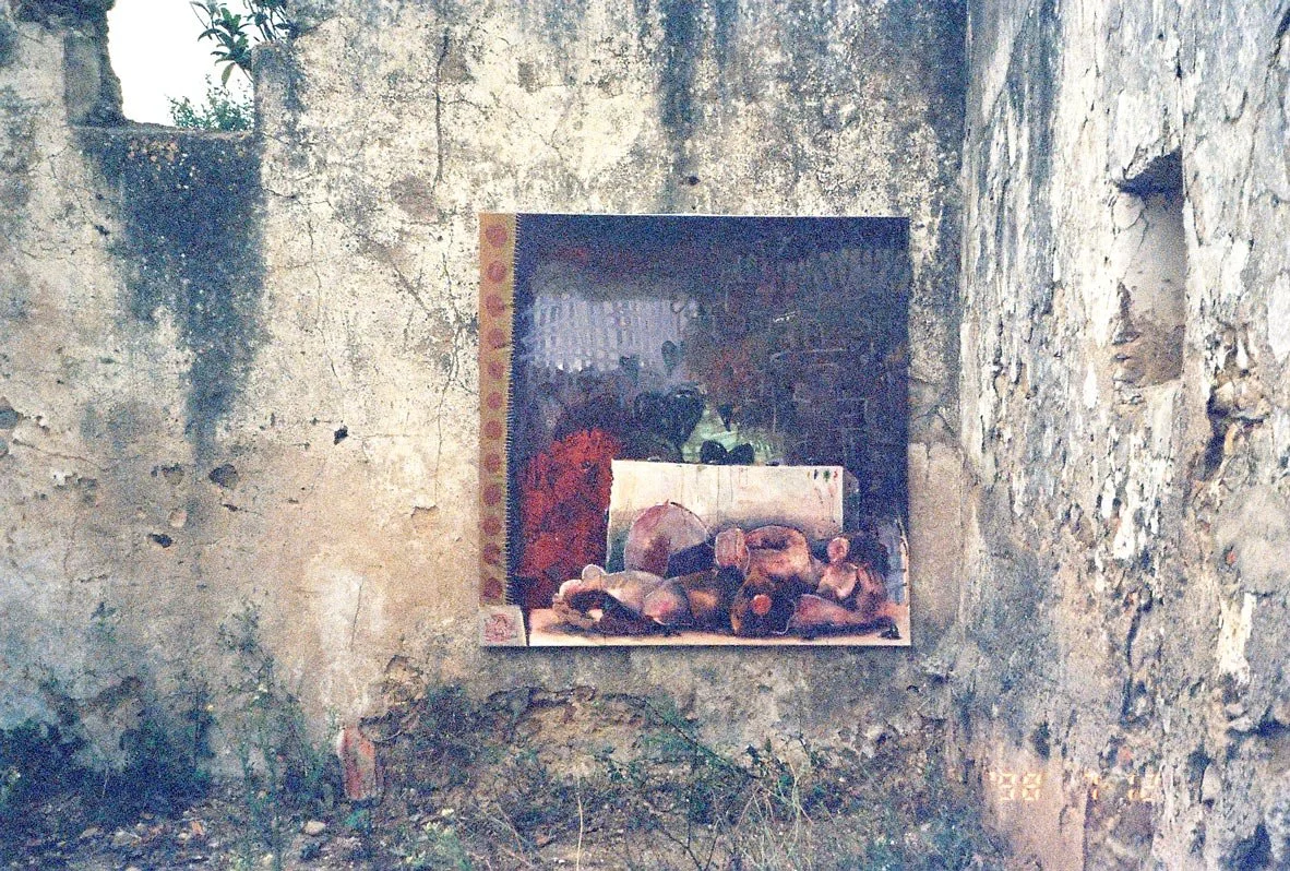 Rhys Viorr painting on linen canvas with oil paint outdoors, exhibited in Lisbon ruins gallery