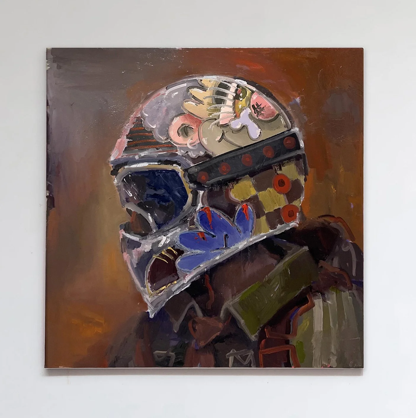 rhys viorr portrait of his dad at the speedway with oil paint on linen canvas and exhibited in an art gallery in australia