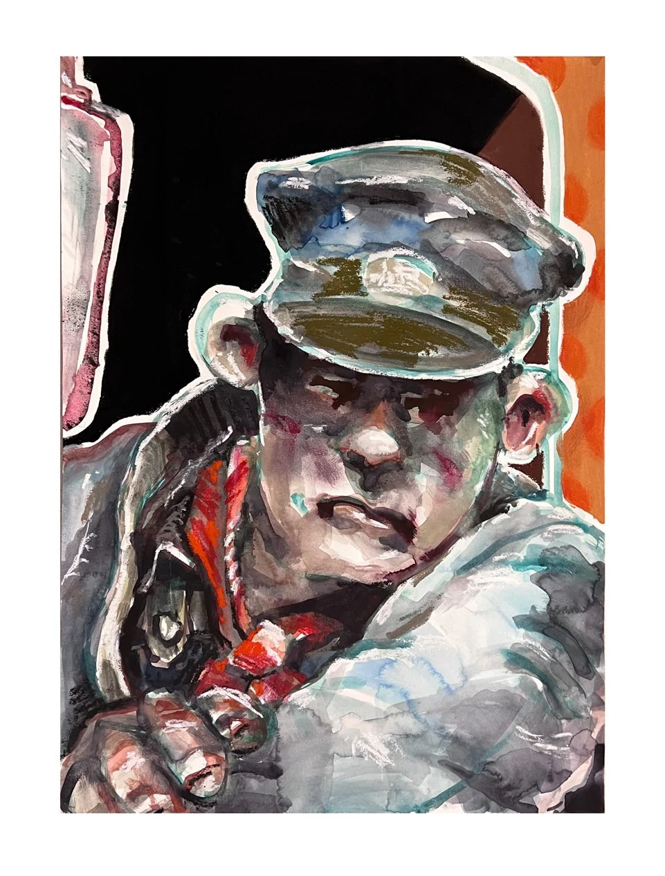 artwork by rhys viorr of a train worker in port kembla australia on watercolour paper