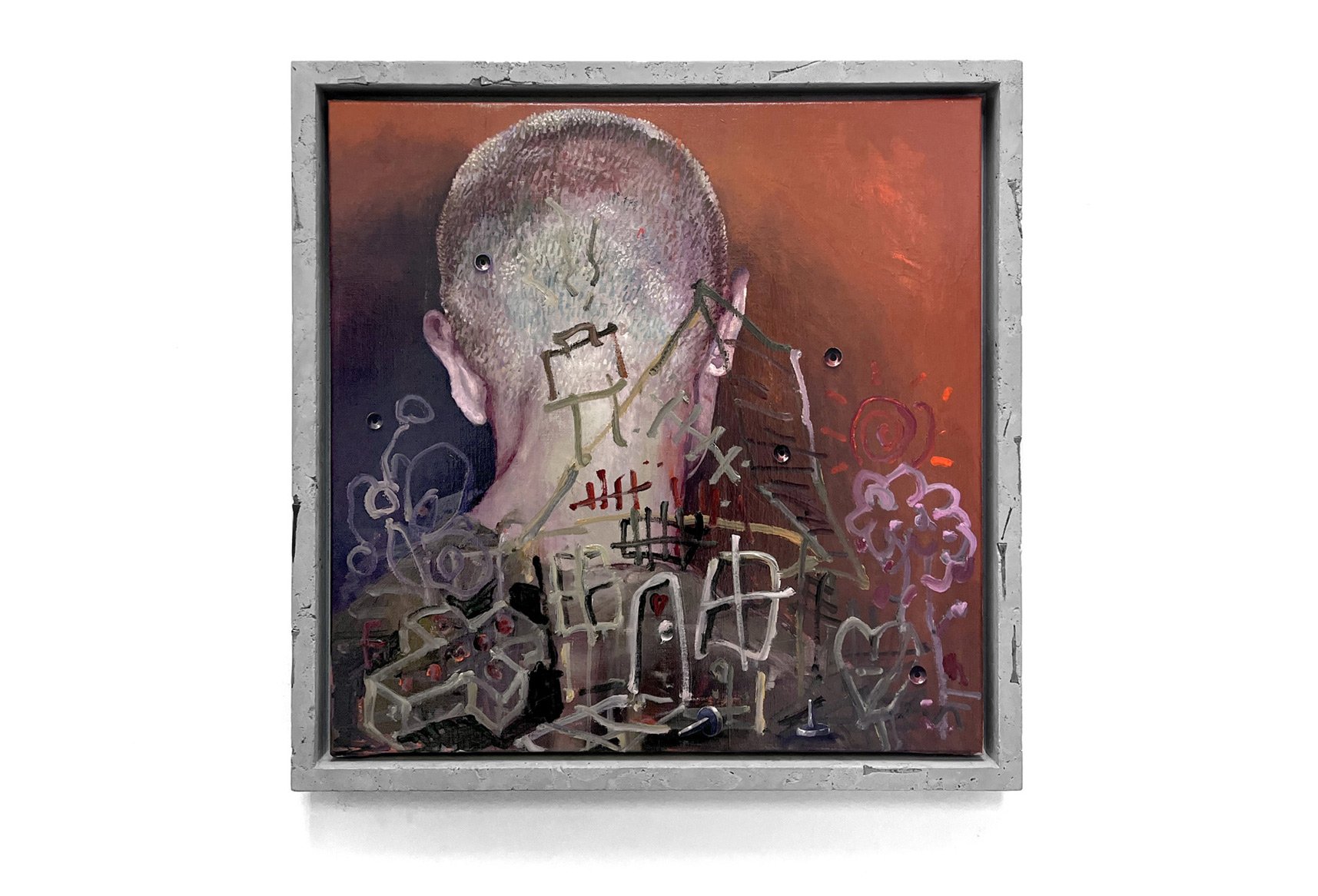 Rhys viorr oil painting in a concrete frame with embedded metal nails throughout